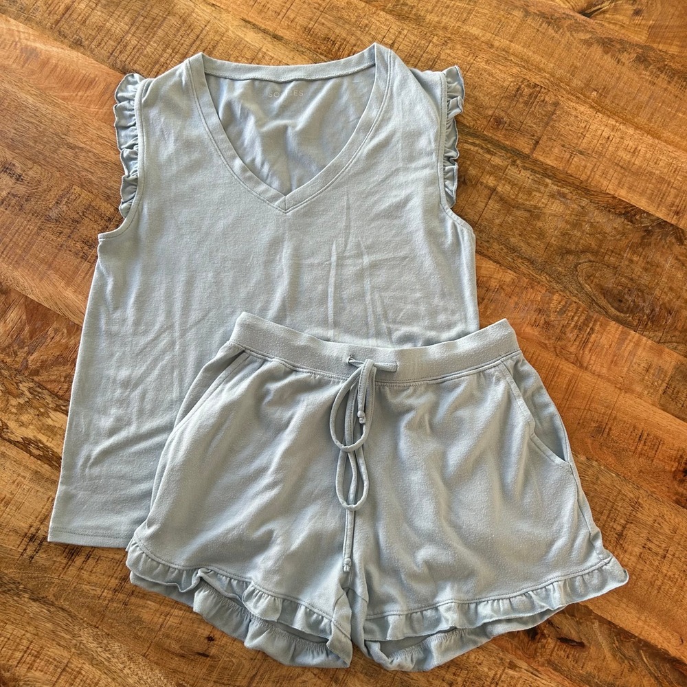 Softies Womens Light Blue Ruffle V-Neck Pajama Set Shorts Small